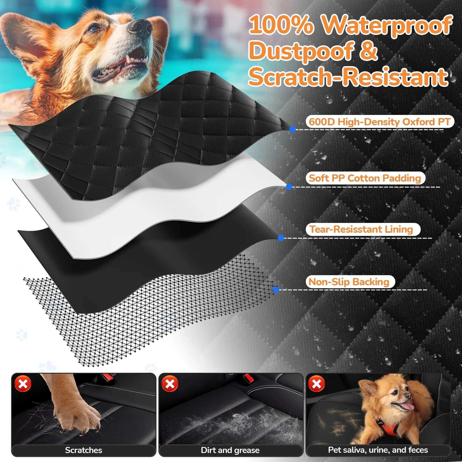 Dog Seat Cover- Non-Slip Dog Car Hammocks with Seatbelt Dog Car Seat Cover Waterproof and Scratch-Resistant Dog Car Back Seat Protection