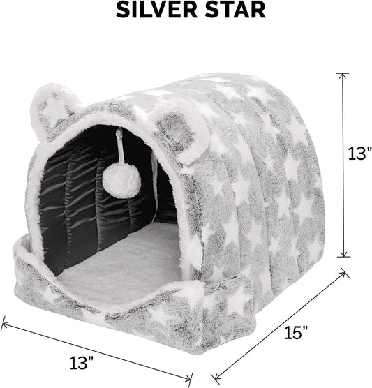 Cat Bed Snuggle Hideout for Indoor Cats & Small Dogs, Washable & Foldable W/ Plush Ball Toy - Snuggle Hideout-Bear Pet Tent - Silver Stars, Small