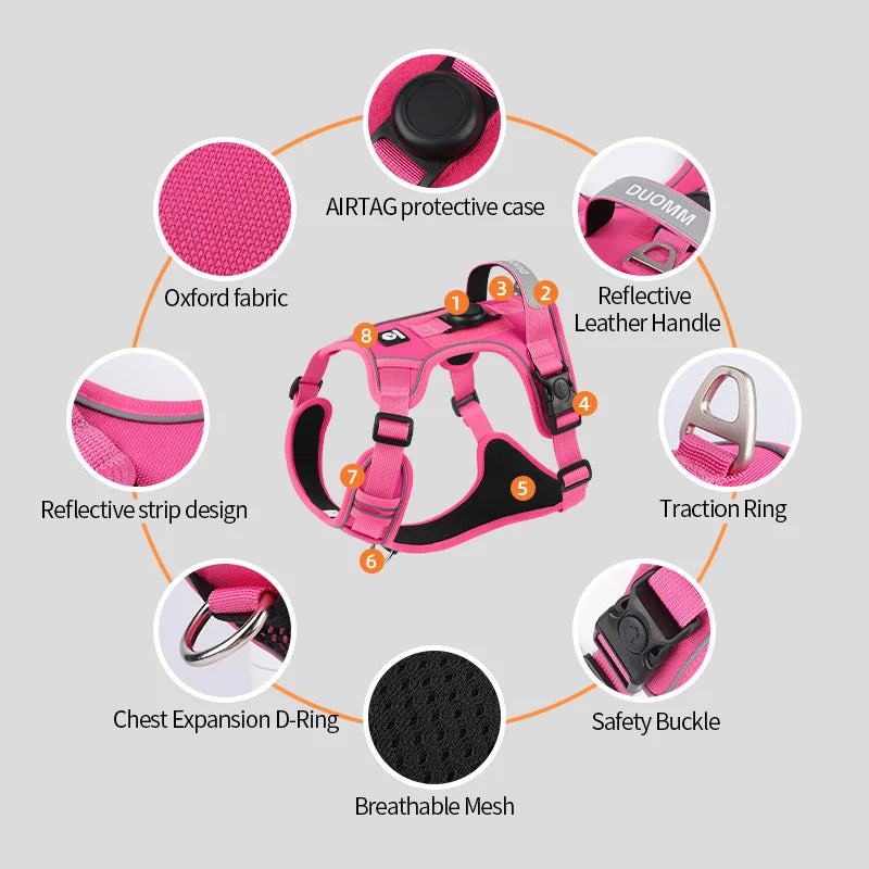 “No-Pull Dog Harness with GPS Tracker Holder – Reflective, Adjustable & Escape-Proof”