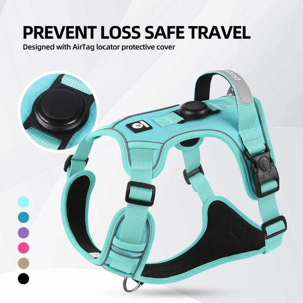 “No-Pull Dog Harness with GPS Tracker Holder – Reflective, Adjustable & Escape-Proof”