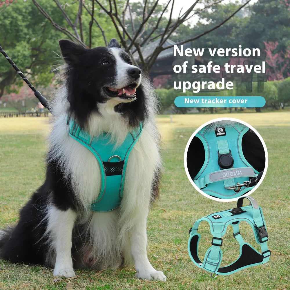 “No-Pull Dog Harness with GPS Tracker Holder – Reflective, Adjustable & Escape-Proof”